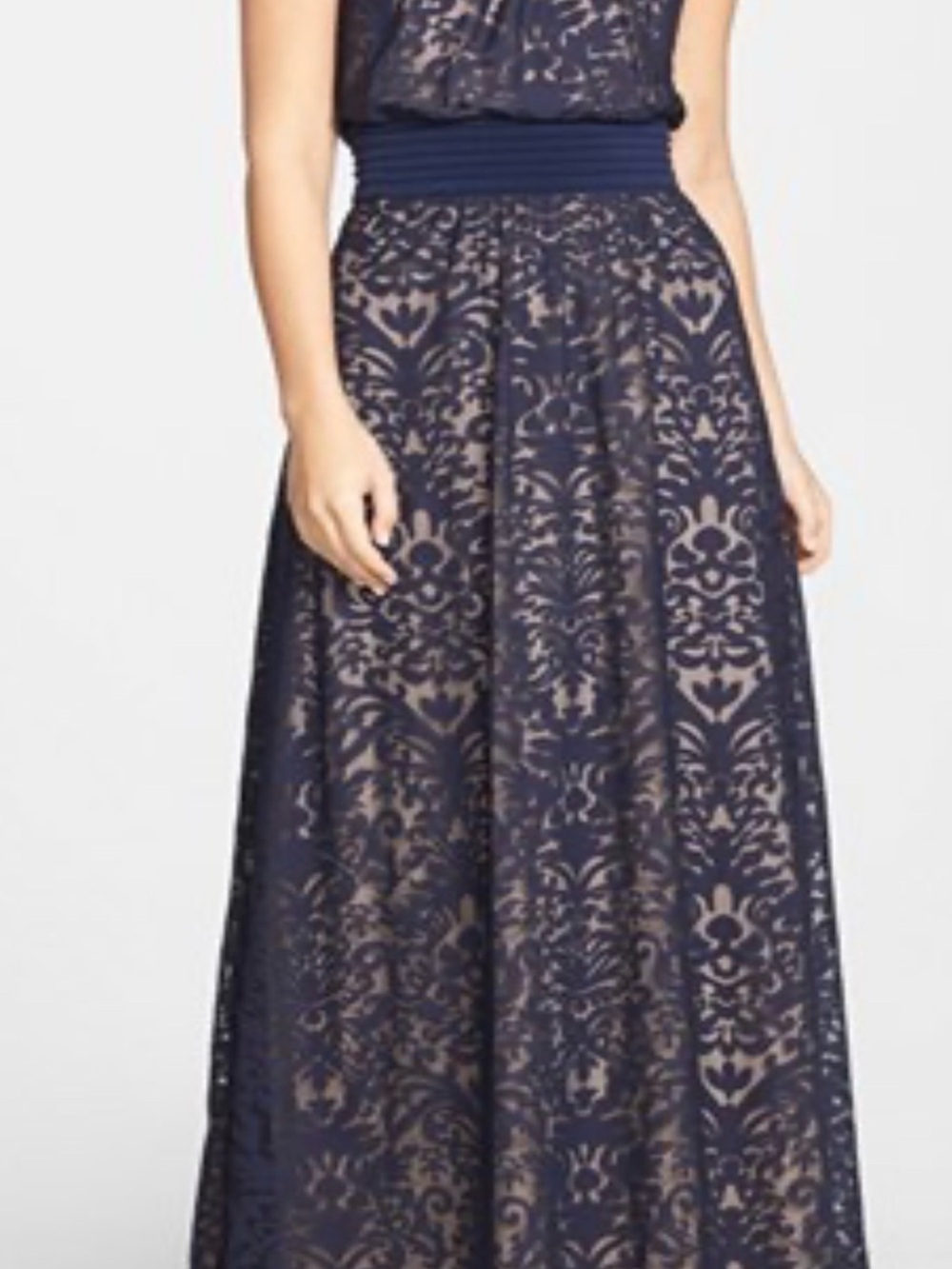 MAGGY LONDON Navy Blue Lace Halter Pleated Maxi Dress Gown Size 14